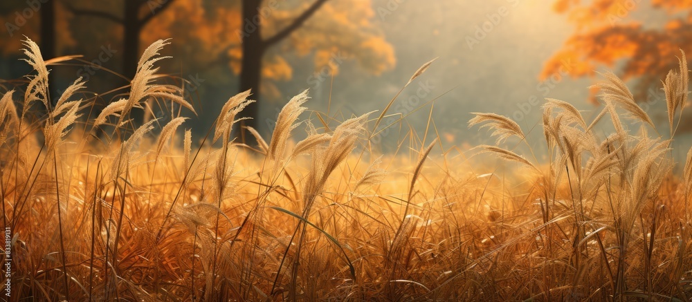 Poster Autumn grass set against a forest background, designed with a copy space image.