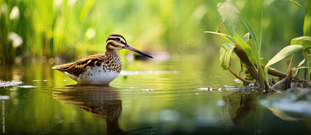 Poster Common snipe foraging in a summer wetland setting, with available copy space image.