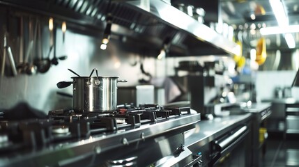 Upscale restaurant kitchen, close-up of stainless steel chef's counter, bustling atmosphere. 