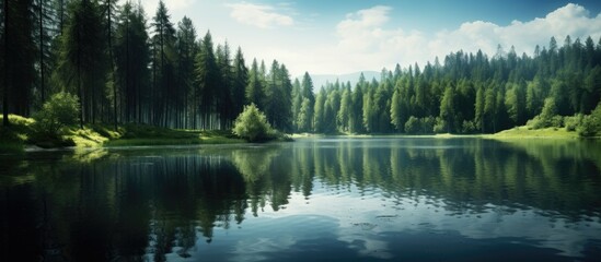 Fototapeta premium Tranquil lake reflecting a forest backdrop with copy space image.