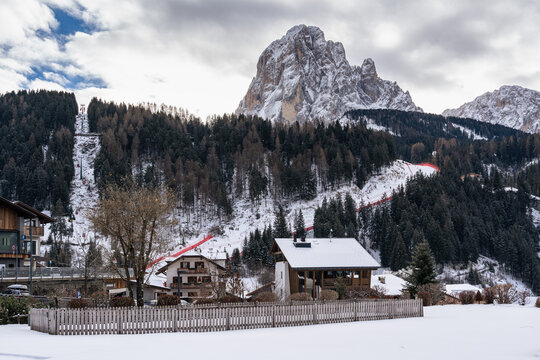 The famous Saslong downhill course under Sassolungo mountain in Santa Cristina, Ato-Adige, Italy