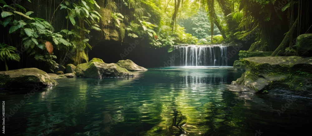Poster nature scene with a picturesque waterfall cascading into a serene rock pool, set in a lush forest wi