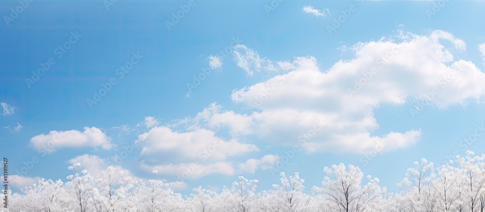 Poster A serene winter backdrop featuring a gentle spring breeze and a clear blue sky with fluffy white clouds, creating a peaceful atmosphere for a soothing copy space image.