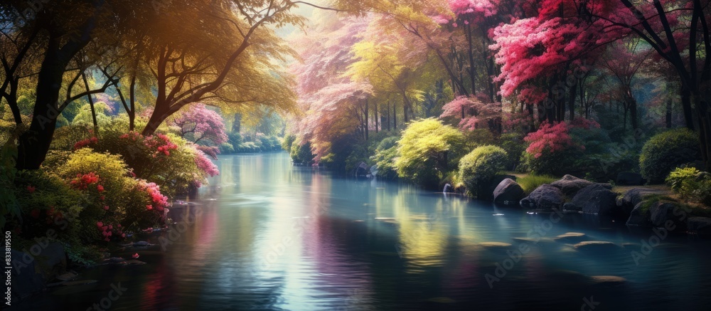 Poster the gentle river meanders through the lush landscape, adorned with colorful blooms reflected in its 
