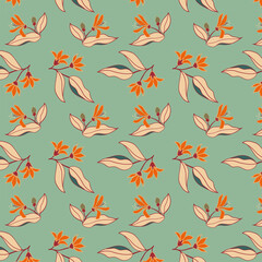 Vintage seamless pattern of flower branches on teal background. Simple nostalgic ditsy print.