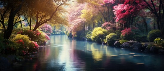 The gentle river meanders through the lush landscape, adorned with colorful blooms reflected in its crystalline waters, creating a picturesque scene with copy space image.