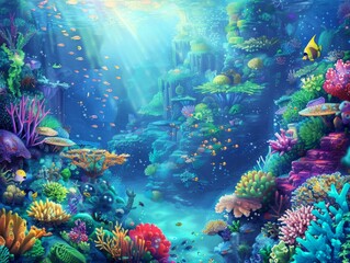 Fototapeta premium Illustrate a whimsical undersea kingdom filled with colorful coral reefs and exotic marine creatures