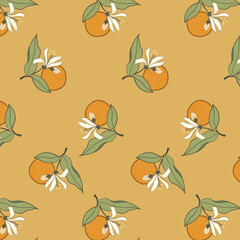 Seamless pattern of orange fruit and flowers on ginger background. Simple summer print of ripe citruses grid.