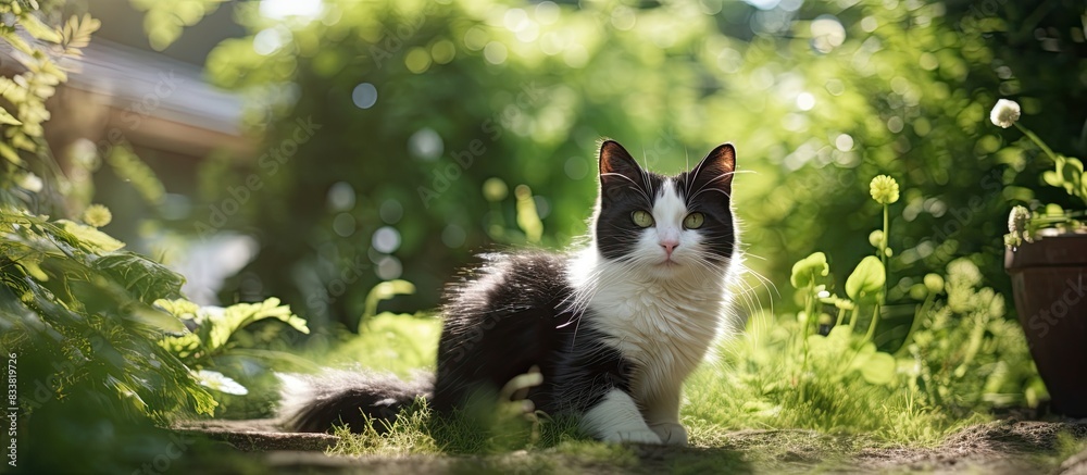 Poster a cute and fluffy black and white cat poses in a serene garden with well-kept foliage on a sunny sum