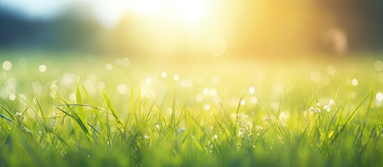 Obraz premium Morning sun shining over a blurred grassy field with copy space image included.