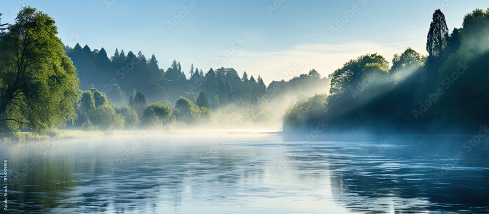 Poster morning mist hovers over the serene river, offering a tranquil view with ample copy space image.