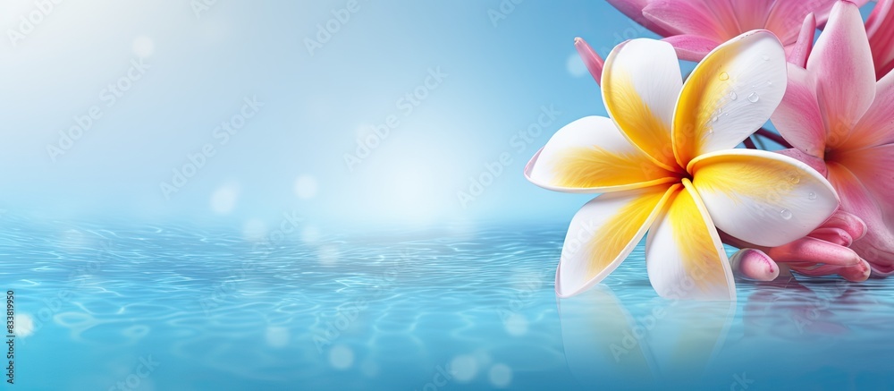 Poster Frangipani flower on top of a vibrant background with space for adding images. with copy space image. Place for adding text or design