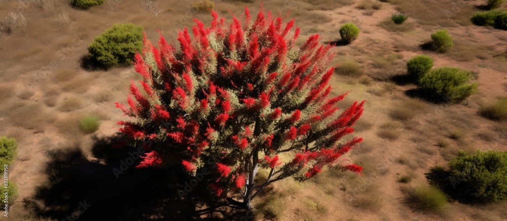Poster bird's eye view photograph of a bottle brush tree with copy space image.