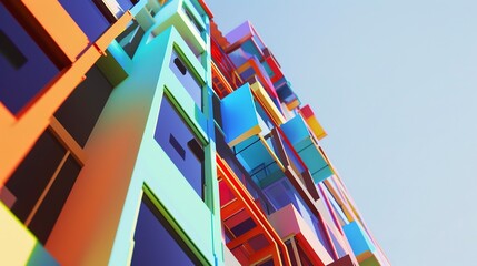 Close focus on an irregular, pixelated building exterior, vibrant colors under clear skies. 