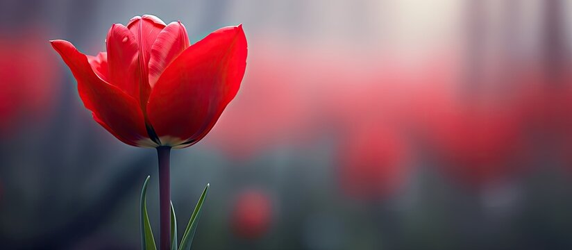 Macro shot of a vibrant red tulip with an open bloom in the foreground, displaying a beautifully blurred background with copy space image.
