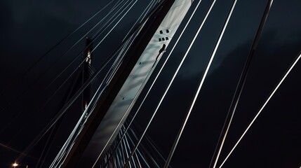 Obraz premium Close focus on a bridge with architectural lighting, steel cables highlighted against the night sky. 