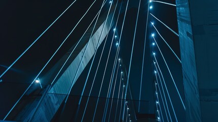 Obraz premium Close focus on a bridge with architectural lighting, steel cables highlighted against the night sky. 