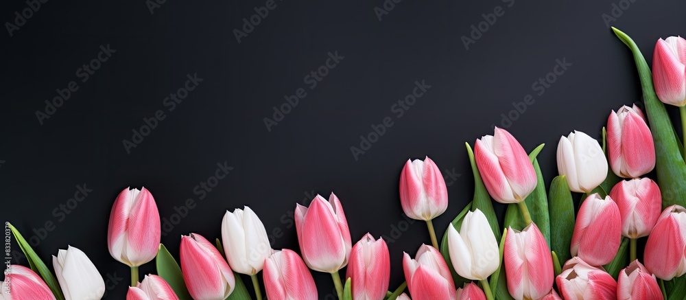 Aufkleber a stunning arrangement of pink tulips with a backdrop of white roses and a copy space image for text