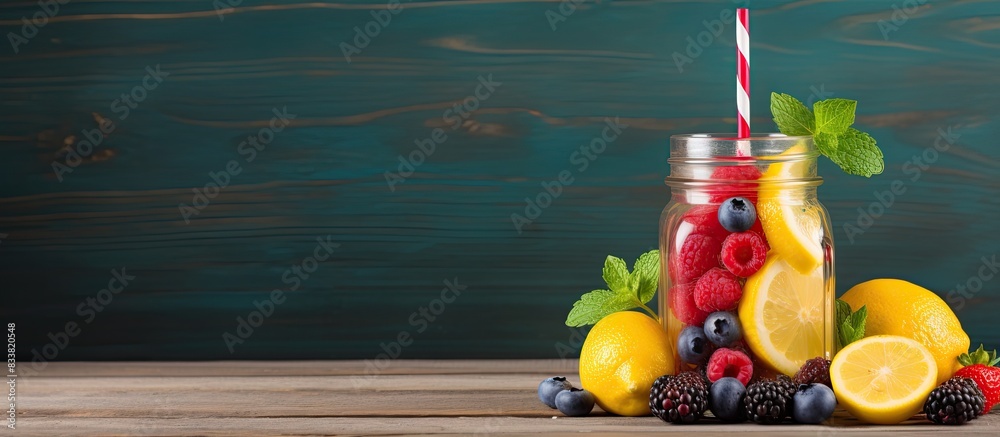 Poster mason jar filled with lemonade, citrus, mint, and berries, placed on a rustic wooden backdrop with c