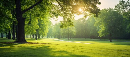 Fototapeta premium Public park with a lush green grass field illuminated by a lovely morning light, perfect for a picturesque copy space image.