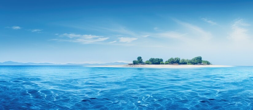 Blue sea surrounds an island with copy space image.