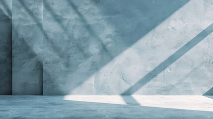 Minimalist light blue background, shadow and light play on plaster wall for product showcase