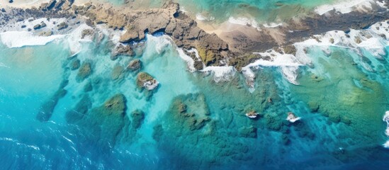 Aerial view of the ocean showing reefs, road, and coastline with plenty of copy space image available.