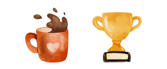 Fathers Day Watercolor Vector Set, Coffee Mug, Golden Trophy Cup isolated on white background