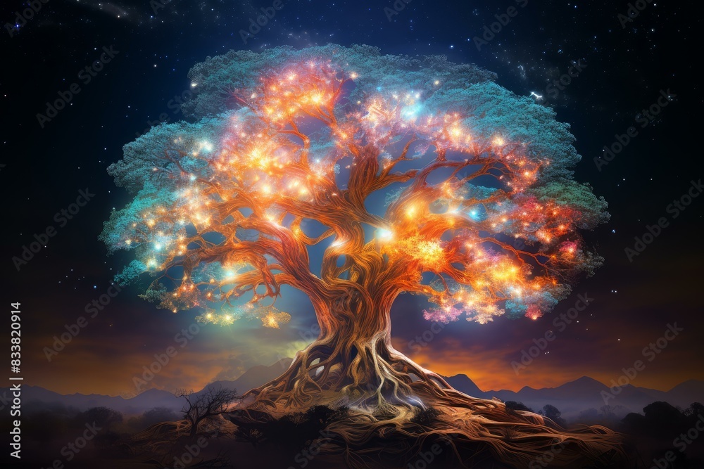 Wall mural surreal artwork of a vibrant tree composed of celestial elements standing tall under a starlit sky