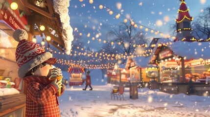 A delightful 3D cartoon illustration of a character at a winter fair, enjoying a cone of ice cream despite the snow, with snowcovered stalls and festive lights