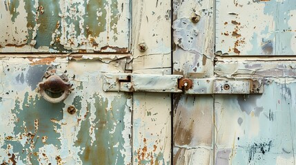 Close-up of a weathered door on an abandoned factory, peeling paint, rusted hardware.