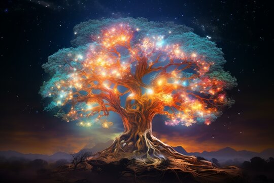 Surreal artwork of a vibrant tree composed of celestial elements standing tall under a starlit sky