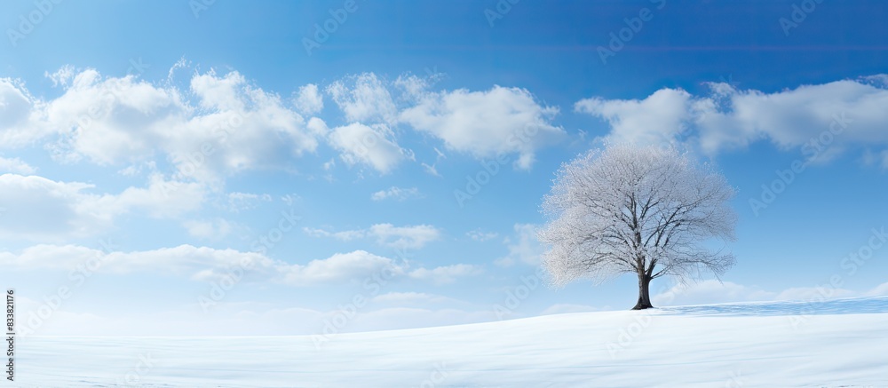 Poster a serene winter backdrop featuring a gentle spring breeze and a clear blue sky with fluffy white clo