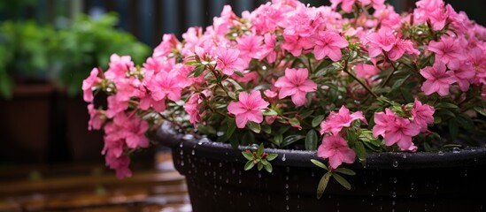Fototapeta premium Pink flowers in a pot outdoors glistening with raindrops with a copy space image.