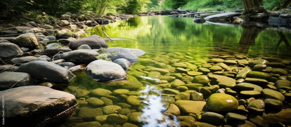 Poster nature stones and green landscape reflections in the creek create a serene copy space image.
