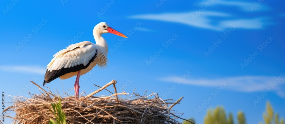 Aufkleber a single stork perched in its nest against a clear blue sky in a serene setting with copy space imag