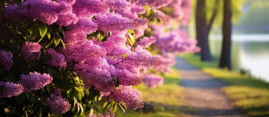 Obraz premium In spring, lilacs bloom beautifully in the town park, creating a picturesque scene with colorful flowers against the backdrop of nature, ideal for a copy space image.