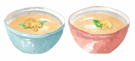 Mushroom puree soup with basil in a blue plate. Set hand drawn watercolor illustration isolated on white background. Template for design.