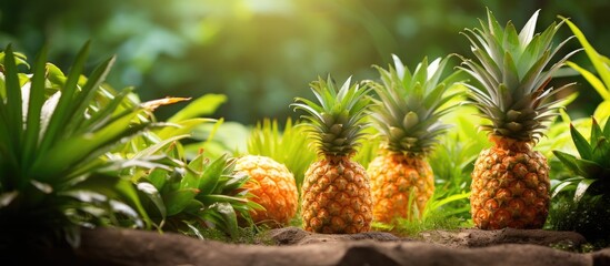 Garden with pineapples, including a young pineapple fruit, with a beautiful background for a copy space image.