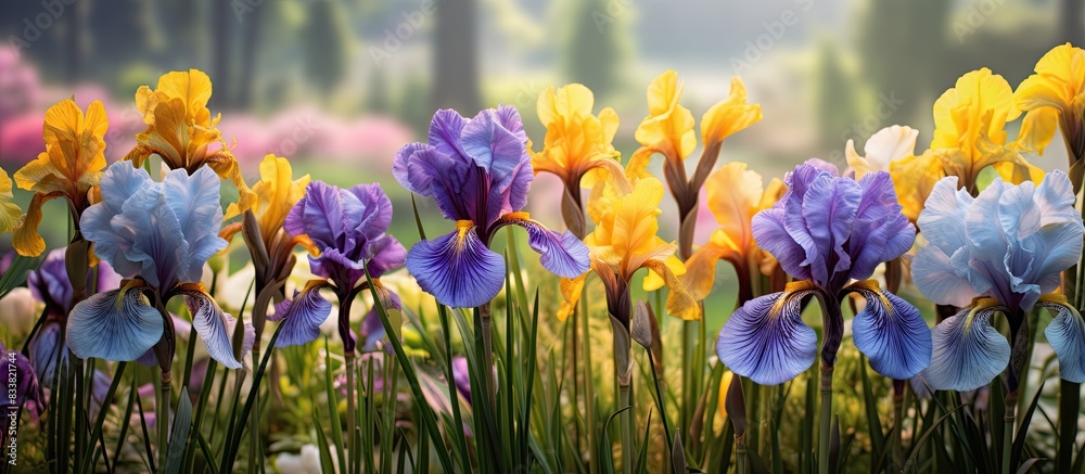 Aufkleber Iris flowers in the garden with vibrant colors, providing a picturesque view and space for adding text or designs. with copy space image. Place for adding text or design