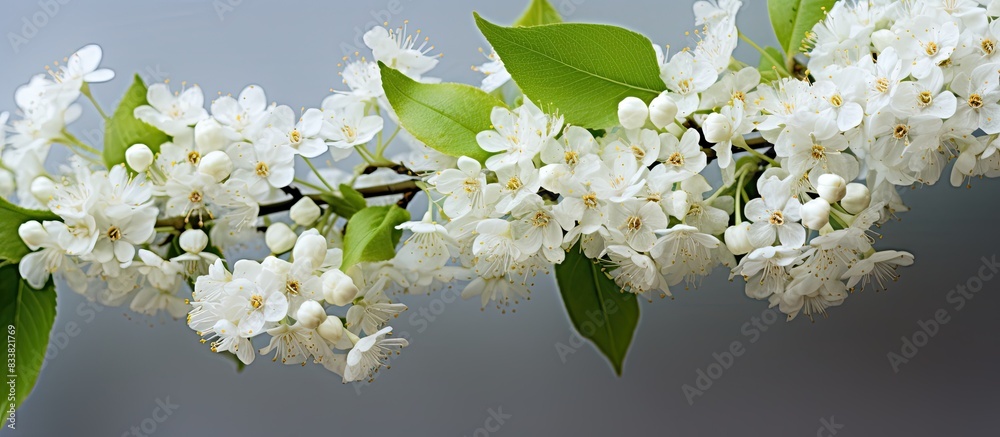 Poster close-up of fragrant bird cherry branch with white flowers - copy space image.