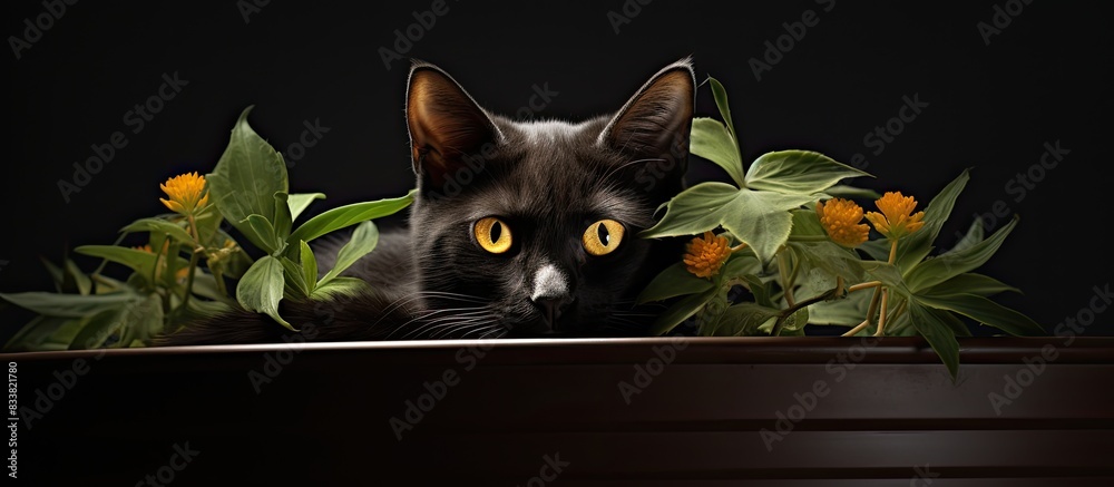 Poster A dark furred cat rests inside a flowerpot with space for text or images. with copy space image. Place for adding text or design