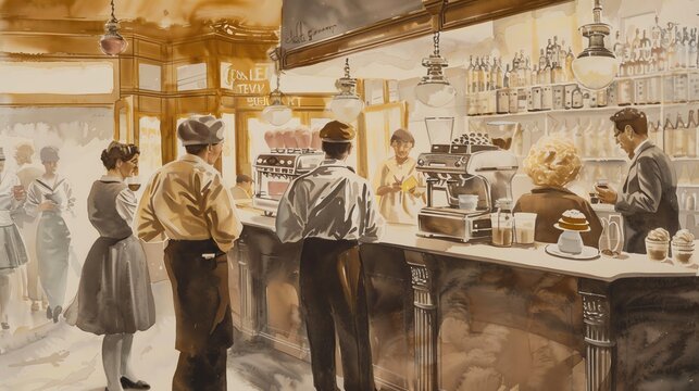 An elegant watercolor painting of a vintage ice cream parlor scene, with patrons in period attire, against a sepiatoned background that gives a nostalgic feel
