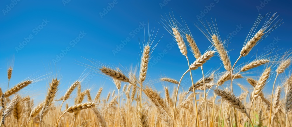 Poster Barley straws in a cultivated field with a blue sky backdrop, shown in low angle with plenty of copy space image.