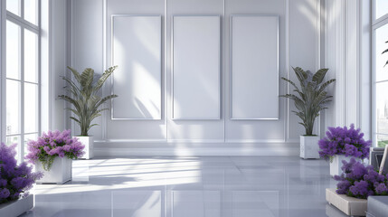 Mock up of picture canvas frame with small plants in vase on white classic wall ai generated