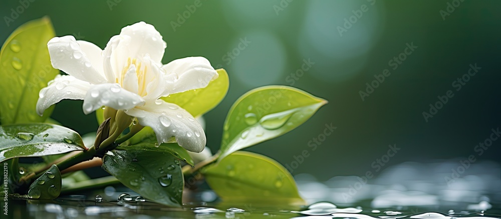 Poster Raindrops glisten on a fresh jasmine bud in a serene setting with copy space image.