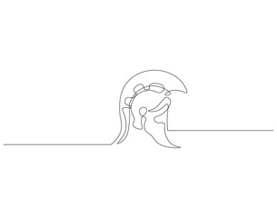 Continuous one line drawing of Sparta helmet. One line drawing illustration spartan helmet of roman warrior. Ancient greek warrior concept continuous line art. Editable outline.
