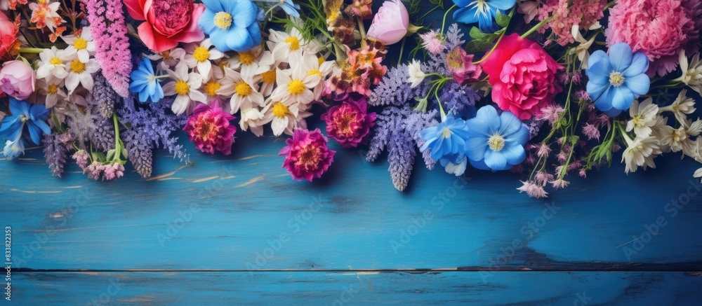 Poster Flowers in a garden, set on a blue wooden table, create a background for a copy space image.