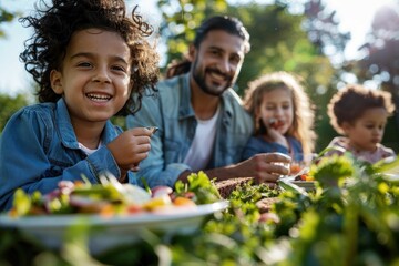 Fototapeta premium A close-up of a family enjoying a picnic in a beautiful park during their vacation. The parents and children are happily eating and chatting, showcasing the joy and relaxation of family time