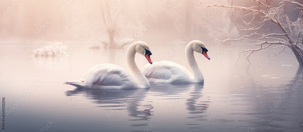 Poster two graceful swans are romantically gliding across a tranquil lake in a scenic winter setting, creat